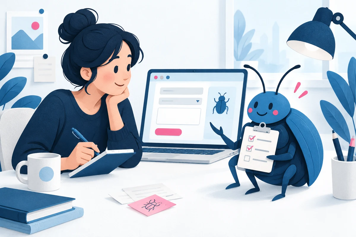 A designer interviews a friendly bug carrying a report clipboard.